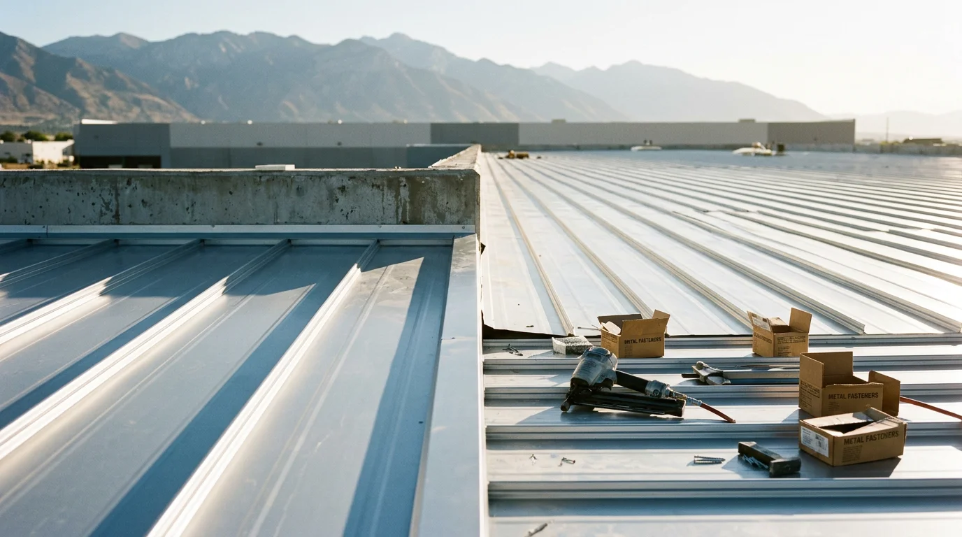 A completed commercial metal roof installation on a large commercial building along the Wasatch Front in Utah, showing clean panel alignment and a reflective surface under bright mountain sunlight. Snow-capped peaks are visible in the background, highlighting the roof's suitability for Utah's demanding climate.
