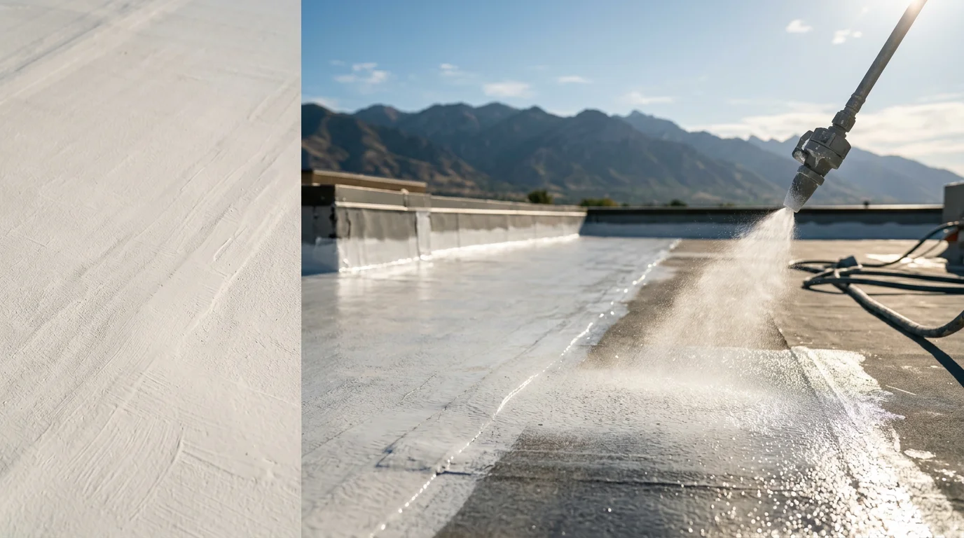 A commercial flat roof on a Wasatch Front business building with a freshly applied reflective roof coating, showing a smooth, seamless white surface under a clear Utah sky. The surrounding Wasatch mountain range is visible in the background.