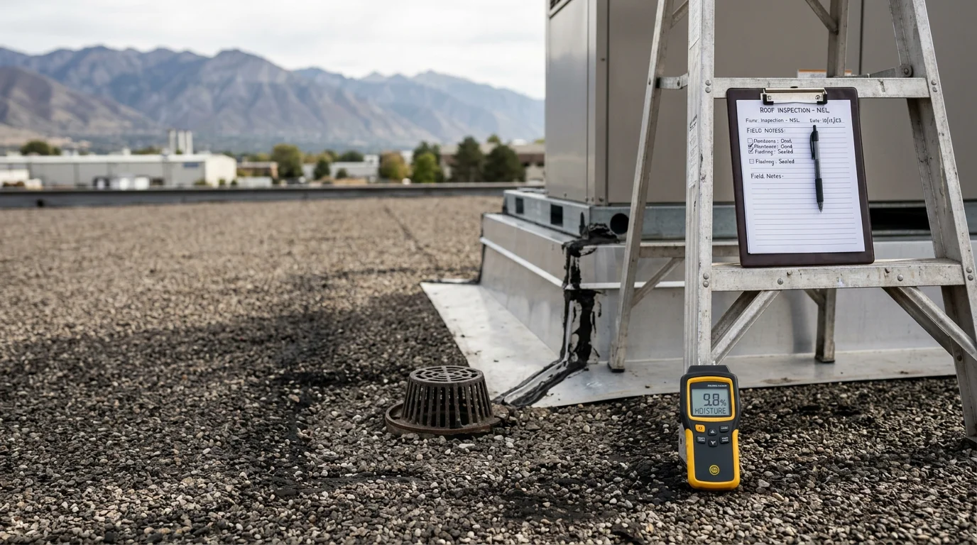 A roofing contractor inspecting the flat membrane surface of a commercial building along the Wasatch Front, checking seams and drainage points with mountains visible in the background.