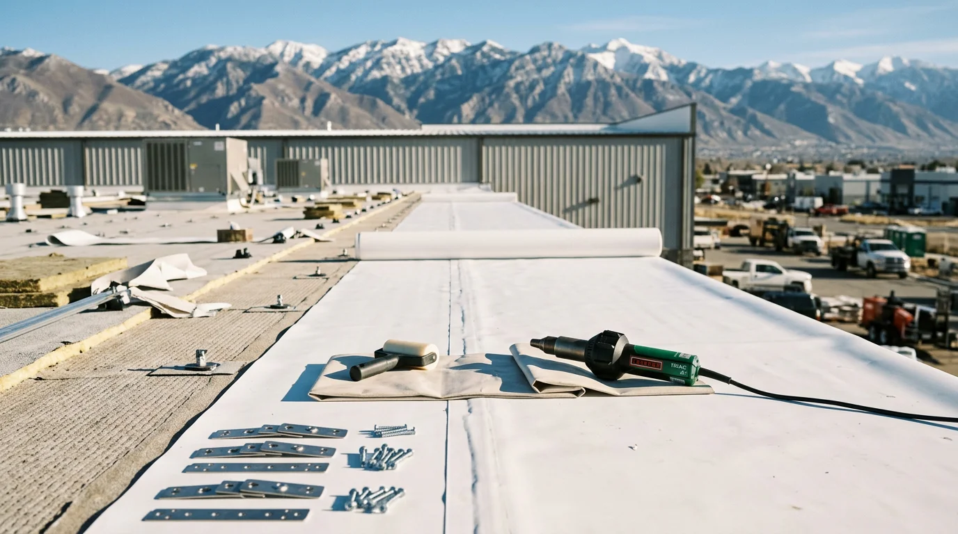 A completed commercial flat roof installation on a low-slope building along the Wasatch Front, showing clean membrane seams, properly flashed roof penetrations, and mountain terrain visible in the background. The finished roof is photographed from an elevated angle showing the full surface and drainage layout.