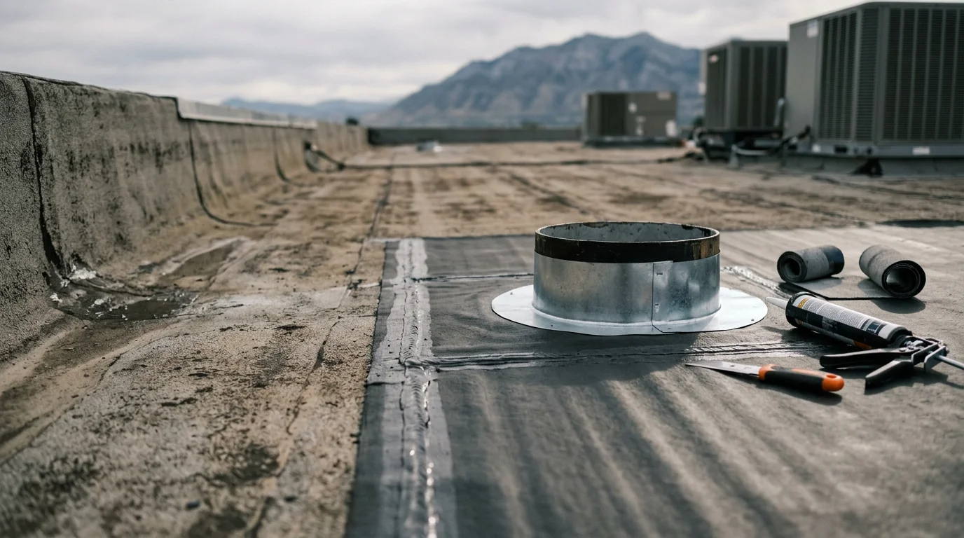 A commercial flat roof in Salt Lake City showing repaired membrane seams and cleared roof drains after winter storm damage. A Redline Roofing and Construction crew member inspects flashing along an HVAC curb on a low-slope commercial building on the Wasatch Front.