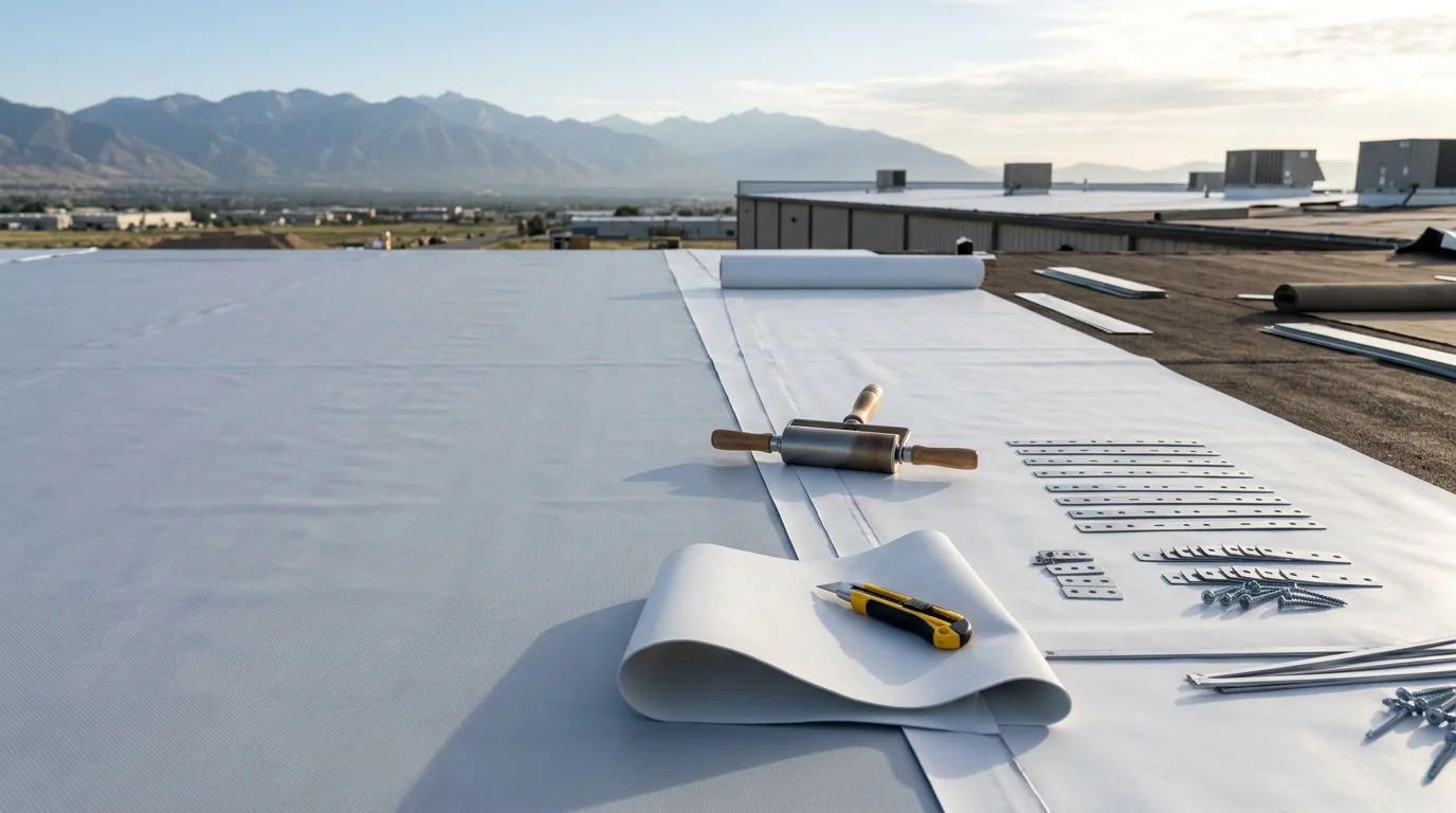 A completed commercial flat roof replacement on a multi-unit building along the Wasatch Front in Utah, showing a clean membrane surface with properly sealed flashing and drainage points. Snow-capped Wasatch Range peaks are visible in the background.