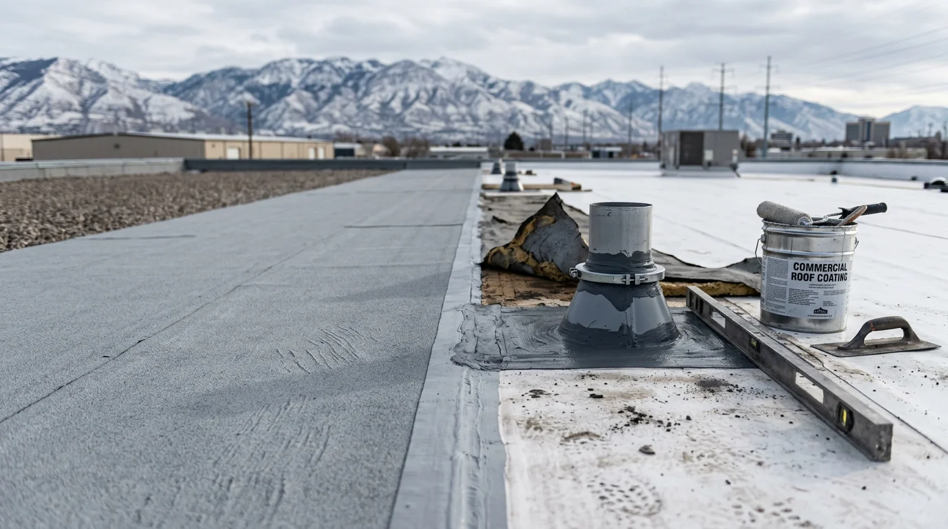 A restored flat commercial roof on a business property along the Wasatch Front, showing sealed seams and cleared drainage areas after professional roof restoration work. The surrounding Utah mountain terrain is visible in the background.