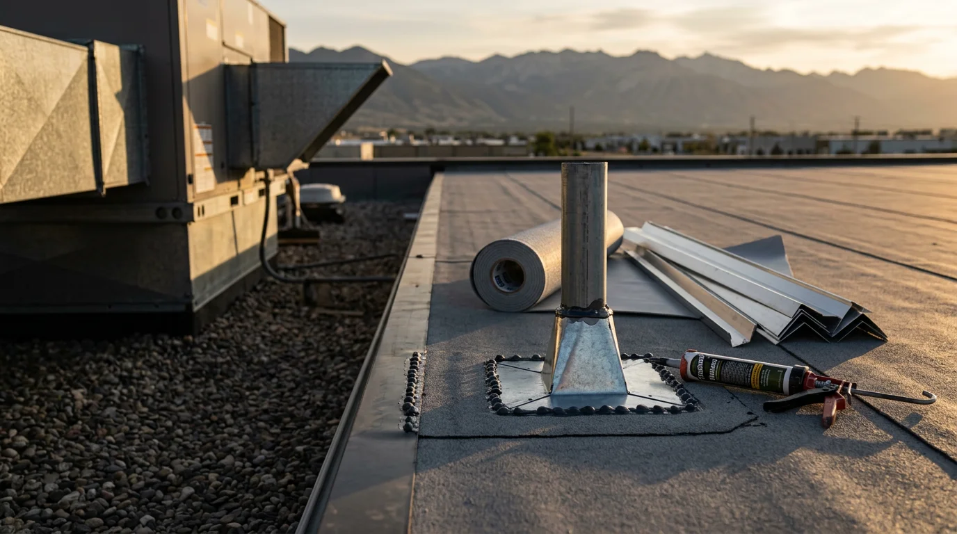 A commercial flat roof on a warehouse building along the Wasatch Front, showing membrane surface, rooftop HVAC units, and mountain skyline in the background. A roofing crew from Redline Roofing and Construction inspects the seams and drainage areas on a clear Utah day.