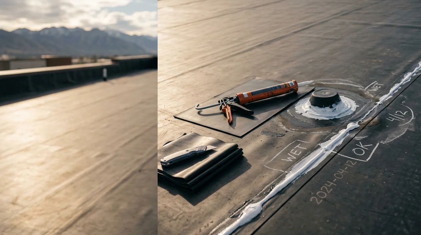 A commercial flat rubber roof on a Wasatch Front building showing a completed membrane repair with sealed seams and flashing around rooftop equipment. Clear sky and mountain backdrop visible in the distance.