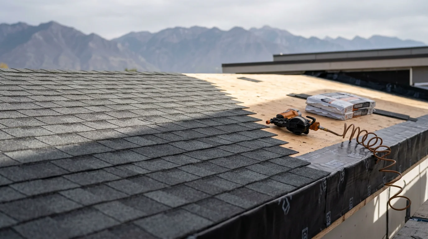 A newly installed commercial shingle roof on a business building along the Wasatch Front in Utah, showing clean shingle lines, properly flashed edges, and mountain terrain in the background.