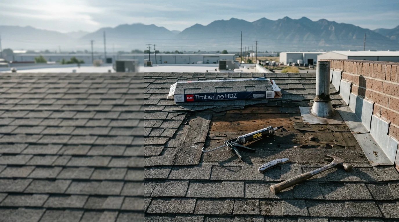 A commercial building roof along the Wasatch Front with repaired shingles, sealed flashing, and no visible wind or hail damage. A Redline Roofing and Construction crew works on the slope with the Utah mountains visible in the background.