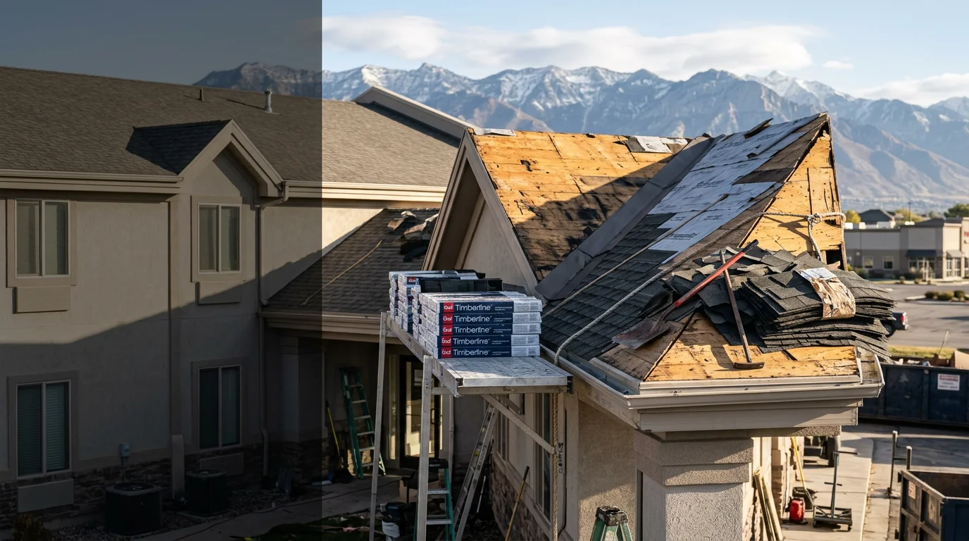 A commercial building on the Wasatch Front with a newly completed shingle roof replacement, showing clean ridge lines and uniform shingles against a backdrop of Utah mountains. The finished roof covers the full slope of the structure with no visible damage or missing material.