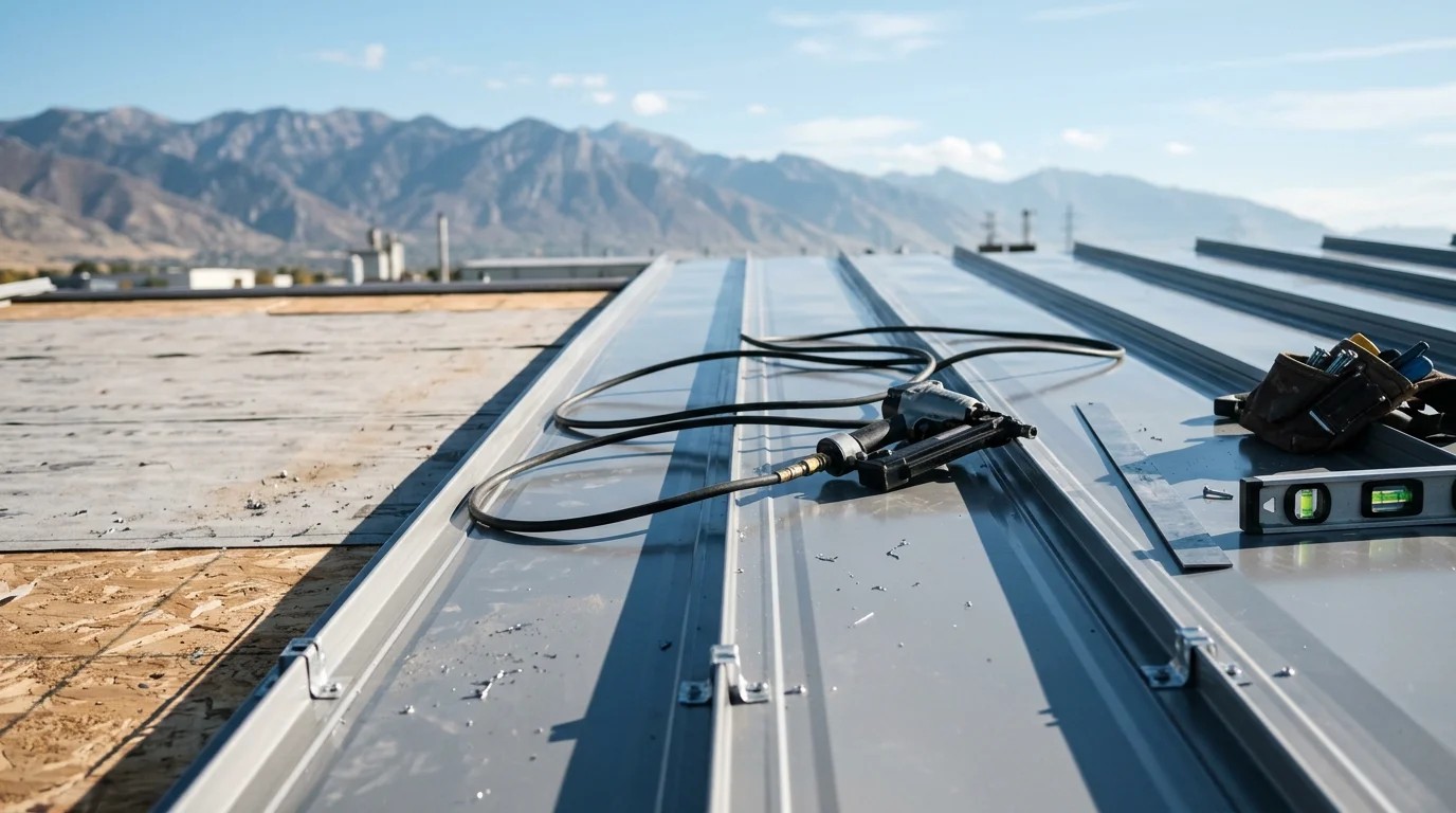 Completed commercial standing seam metal roof installation on a large commercial building along the Wasatch Front in Utah, showing clean raised panel seams and concealed fastener rows under a clear mountain sky.