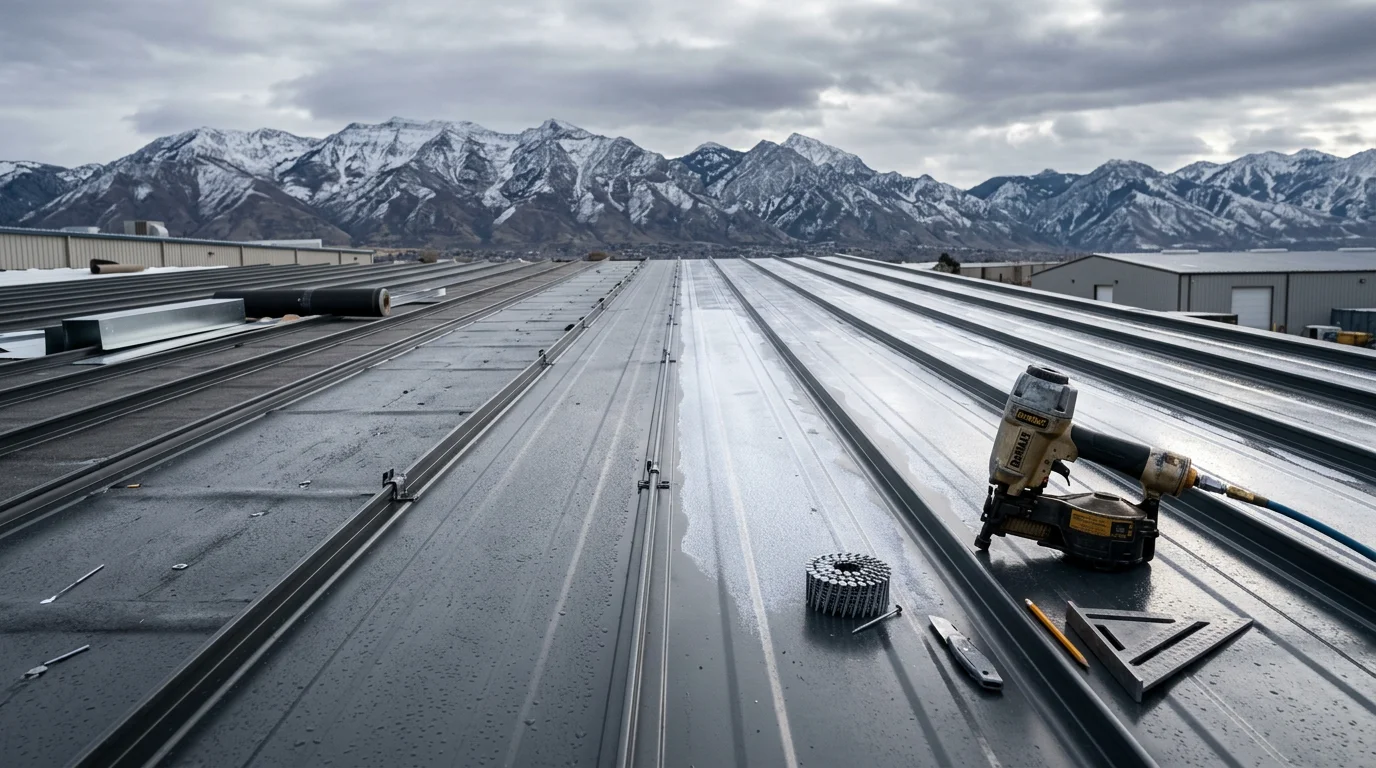 A completed commercial steel roof installation on a large building along the Wasatch Front with snow-covered mountains visible in the background. The steel panels run in clean parallel lines across the full commercial roof surface.