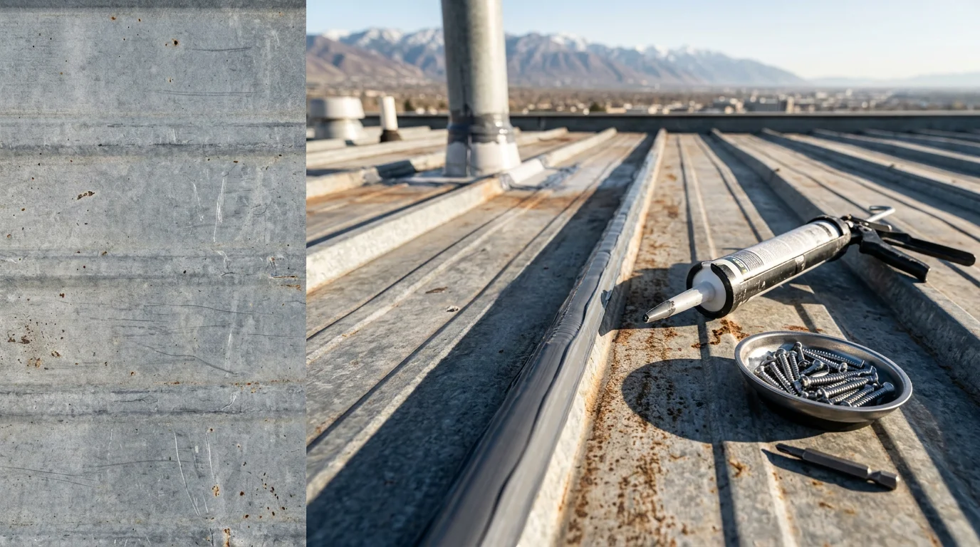 A commercial steel roof on a large building along the Wasatch Front showing repaired panel seams and flashing around rooftop HVAC units. The repair work is visible against the surrounding metal panels with the Wasatch mountains in the background.