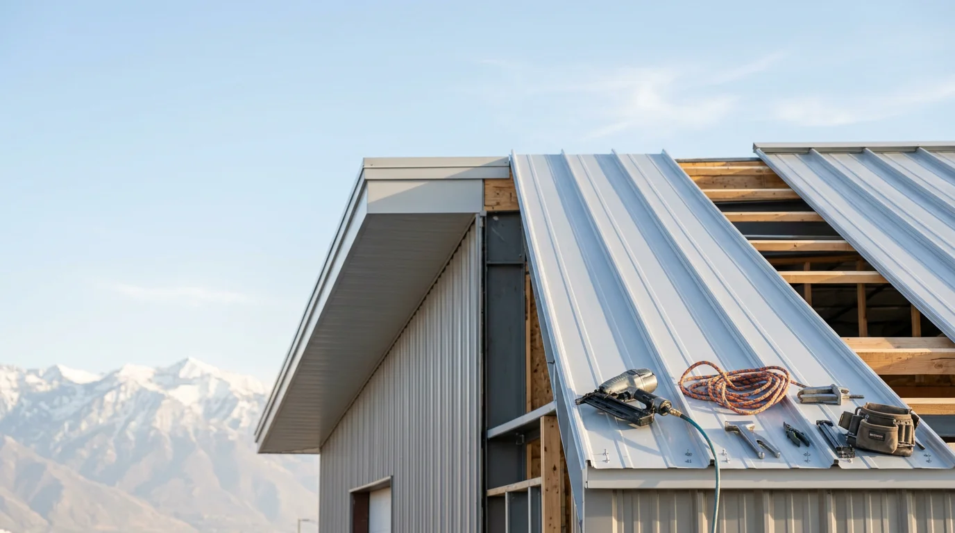 A completed commercial steel roof replacement on a large commercial building along the Wasatch Front in Utah, with mountain terrain visible in the background. The steel panels are fully installed and reflect the high-altitude sunlight common to the Salt Lake City metro area.