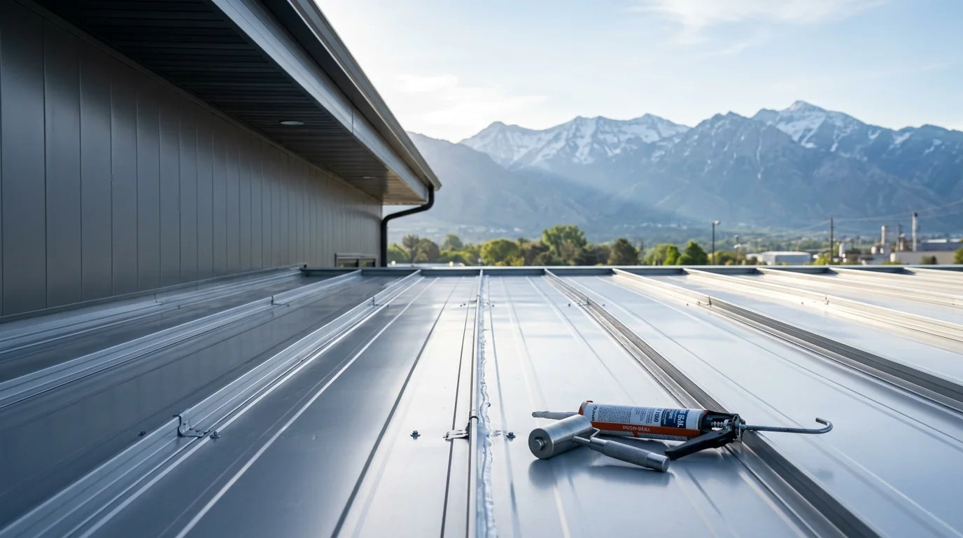 A completed commercial steel roof on a large commercial building along the Wasatch Front, with mountain terrain visible in the background. The steel panels show a clean, low-profile finish suited to Utah's high-elevation climate.