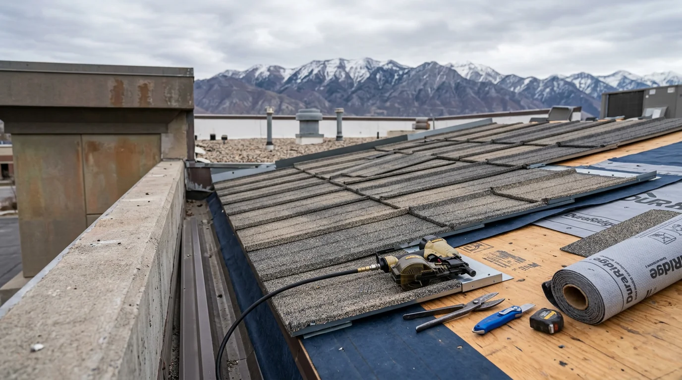 Commercial stone-coated steel roof installed on a pitched commercial building along the Wasatch Front in Utah, showing textured stone-surface panels under clear mountain sky. Close view of interlocking panel edges and ridge line against a backdrop of the Wasatch Range.