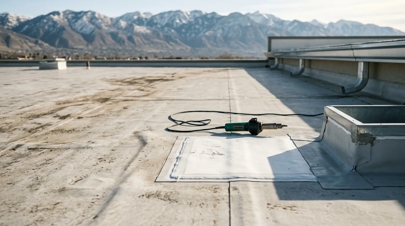 A commercial flat roof with a white TPO membrane on a multi-unit building along the Wasatch Front, showing a repaired and re-welded seam near an HVAC curb with mountain terrain visible in the background.
