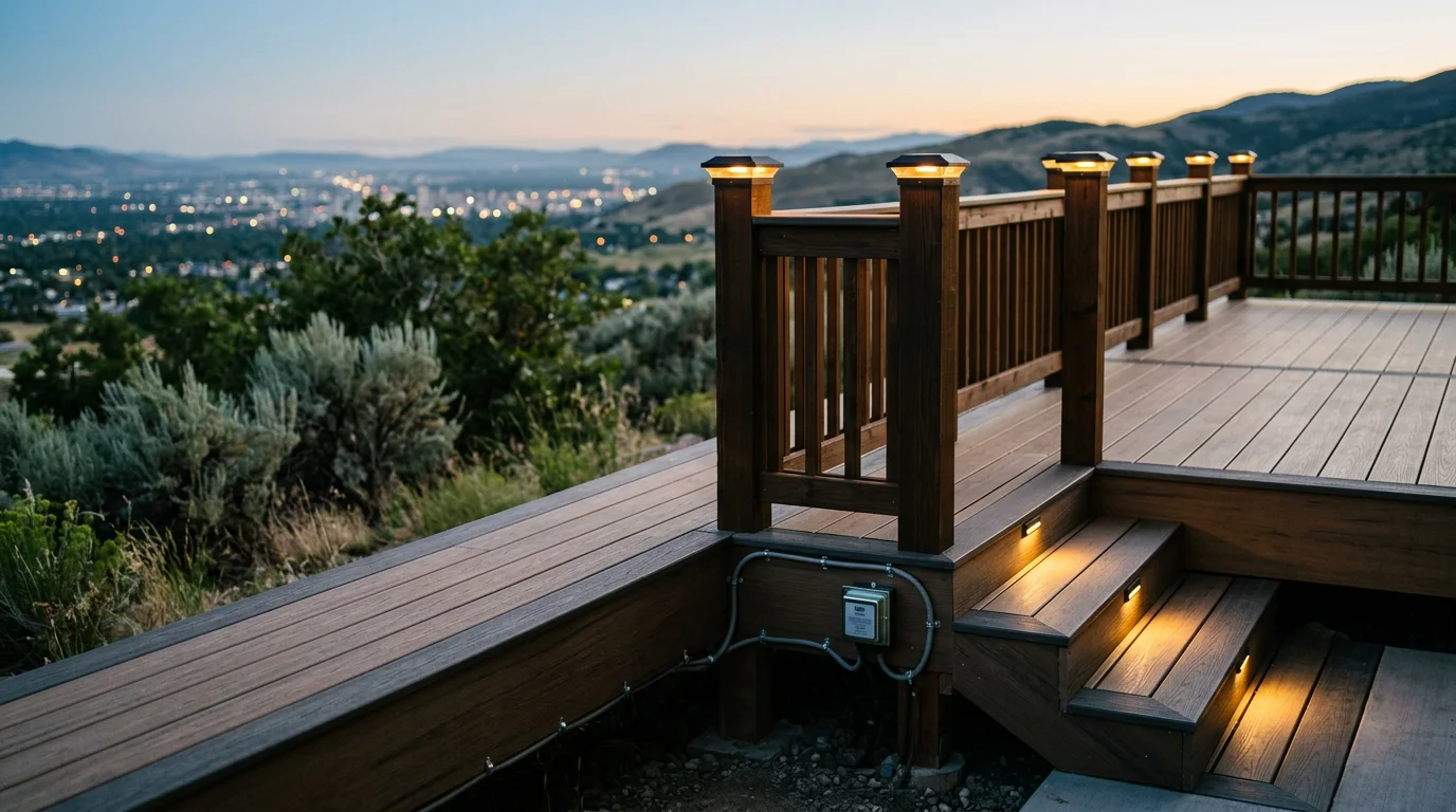 Deck lighting installation on a residential wood deck in the Wasatch Front, with low-voltage fixtures mounted along stair risers and post caps glowing at dusk against a Utah mountain backdrop.