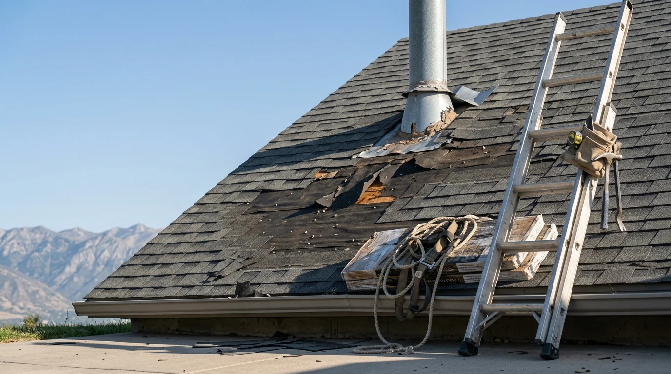 A residential roof on the Wasatch Front showing wind-lifted shingles and exposed roof deck after a storm, with a roofing contractor performing an emergency repair inspection. Close-up view of damaged flashing and missing granules typical of Utah hail and canyon wind events.