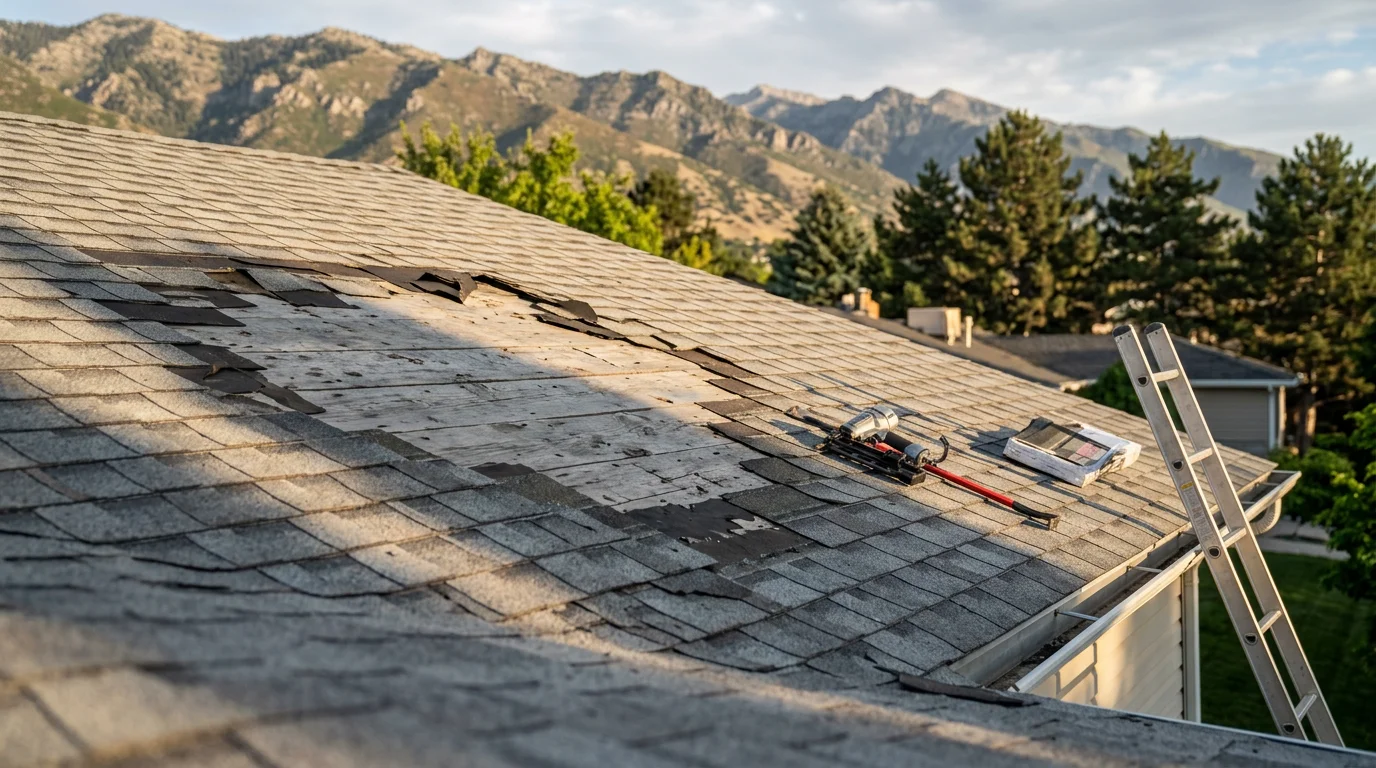 A Wasatch Front home with storm-damaged shingles being repaired by a roofing crew, with missing and cracked shingles visible on the slope and a mountain backdrop in the distance. Close-up view shows new shingles being secured to the roof deck after wind and hail damage.
