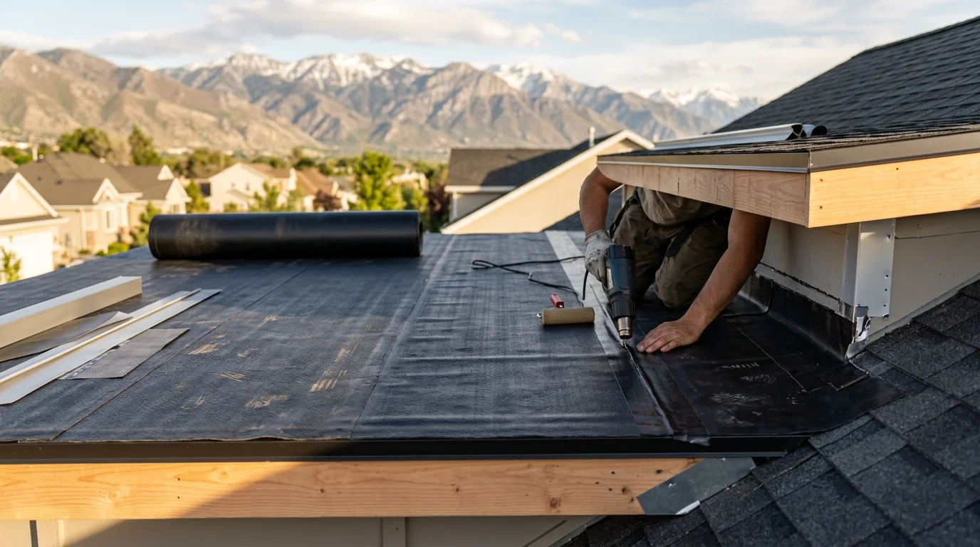A completed EPDM rubber membrane dormer roof installation on a residential home along the Wasatch Front, showing smooth black membrane surface, sealed flashing at the dormer-to-pitched-roof junction, and a clean drip edge along the front of the flat section.