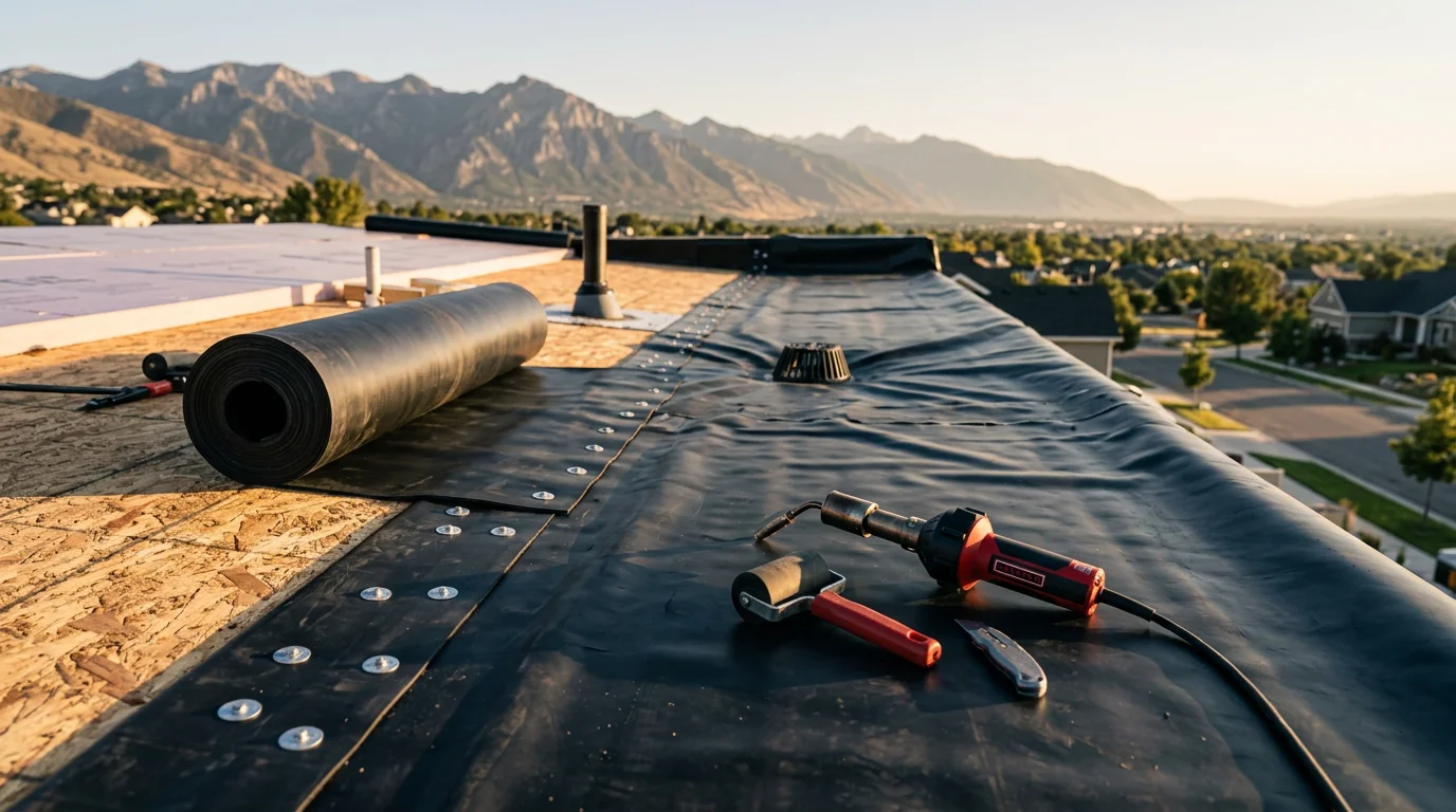 A completed EPDM flat roof installation on a residential property along the Wasatch Front, showing a smooth black rubber membrane with clean edge terminations and a mountain backdrop. Close-up view highlights the sealed seams and properly finished drain area on a low-slope Utah home.