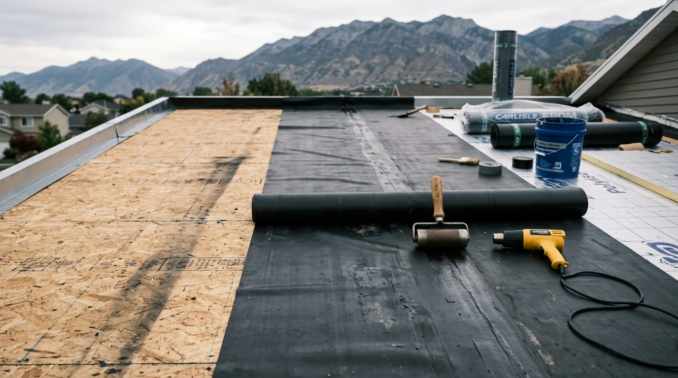 A completed EPDM rubber membrane garage roof installation on a residential flat-deck garage along the Wasatch Front in Utah. The smooth black membrane covers the full low-slope surface with clean flashing along the edges.