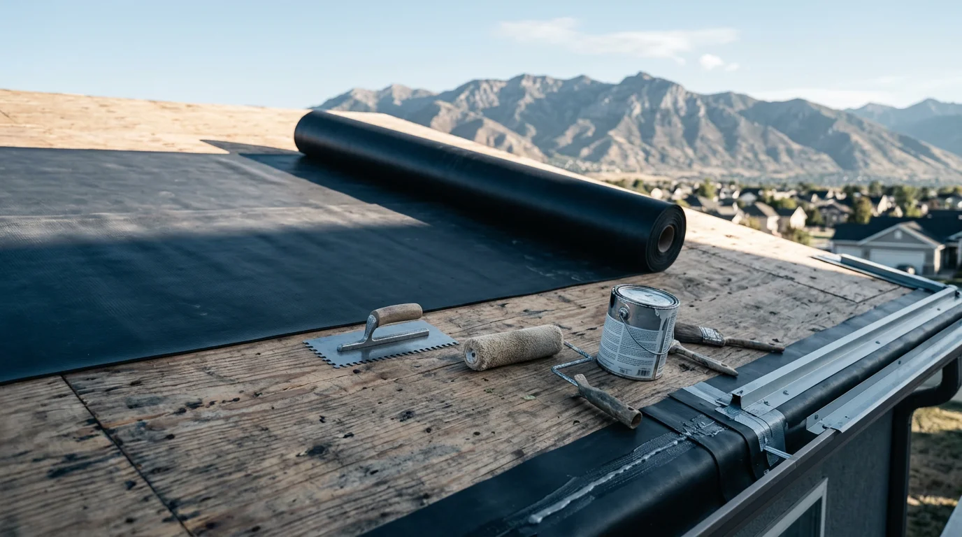 A completed EPDM rubber membrane installation on a low-slope pitched residential roof in the Wasatch Front area of Utah, with mountain terrain visible in the background. The smooth dark membrane covers the full roof deck with clean flashing detail at the edges and penetrations.