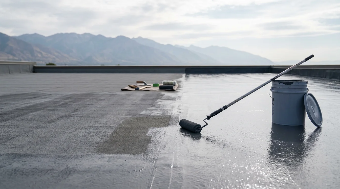 A freshly coated flat roof on a residential property along the Wasatch Front, showing a smooth, seamless EPDM coating surface with mountain terrain visible in the background. The coating covers the full field of the roof and wraps cleanly around rooftop penetrations and edges.