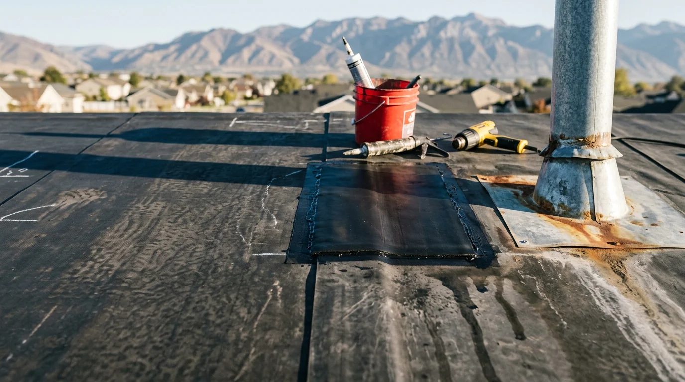 A repaired EPDM rubber membrane on a flat residential roof in the Wasatch Front, showing sealed seams and flashing around a roof vent. Snow-capped mountains are visible in the background, reflecting the Utah climate these roofs must withstand.