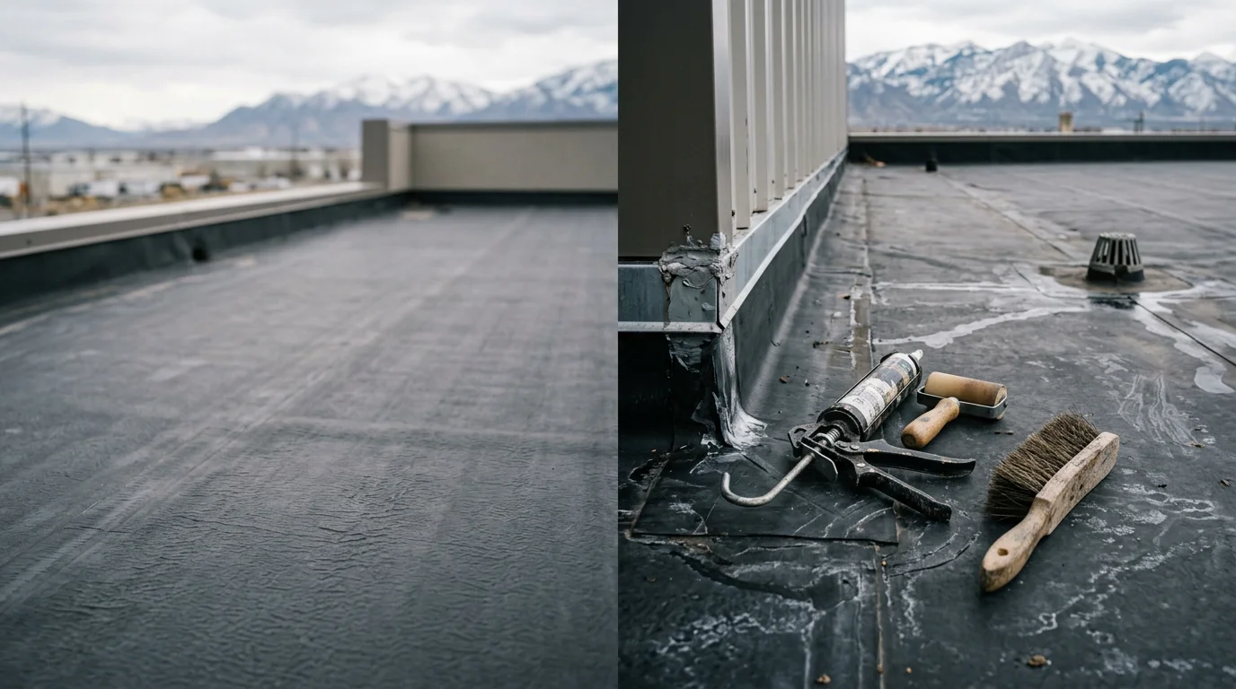 A roofing contractor inspecting the seams and flashing of a flat EPDM rubber membrane roof on a residential property along the Wasatch Front. The dark rubber surface and surrounding mountain terrain are visible in the background.