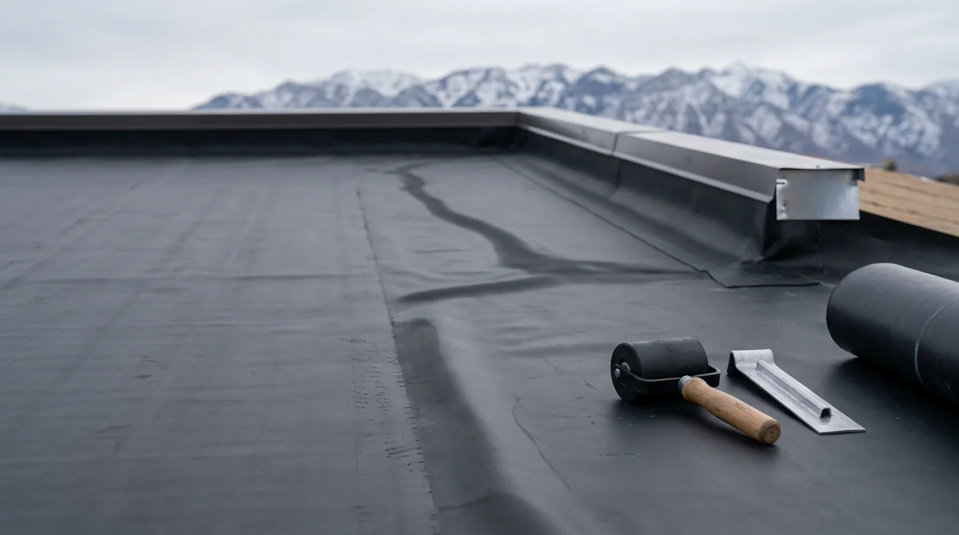 A completed EPDM rubber membrane roof replacement on a residential flat-roof home along the Wasatch Front, showing smooth black membrane with sealed seams and properly flashed edges against a backdrop of Utah mountains.