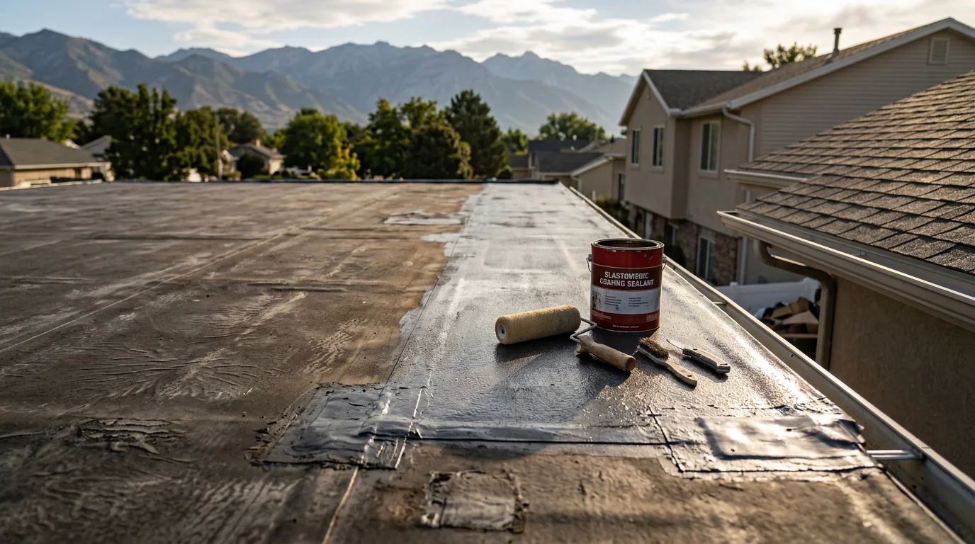 A restored EPDM flat roof on a residential property along the Wasatch Front, showing a clean, sealed membrane surface with reinforced flashing at the edges. The surrounding mountain terrain and Utah sky are visible in the background.