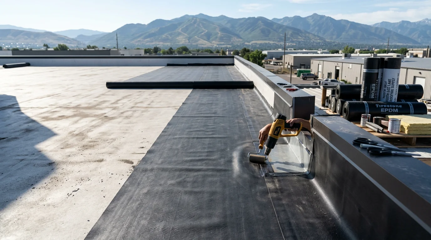 A completed EPDM rubber membrane roof on a flat commercial building along the Wasatch Front, with sealed seams and finished edge flashing visible under a clear Utah sky.