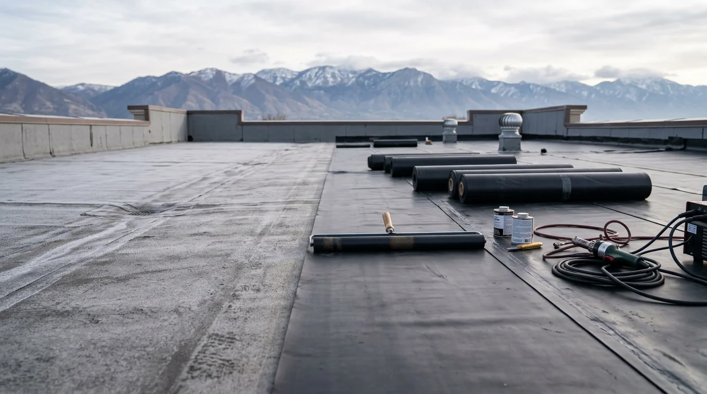 Close-up view of a dark rubber EPDM membrane installed on a flat residential roof in the Wasatch Front, with mountain terrain visible in the background. The membrane surface shows clean seams and sealed flashing at a rooftop edge.