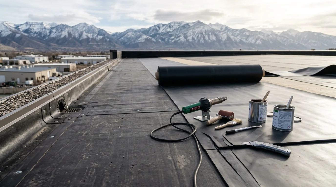 A completed EPDM rubber roofing system installed on a flat residential roof along the Wasatch Front, showing a smooth black membrane with sealed seams and proper edge flashing. Snow-capped mountains are visible in the background, reflecting the region's demanding four-season climate.