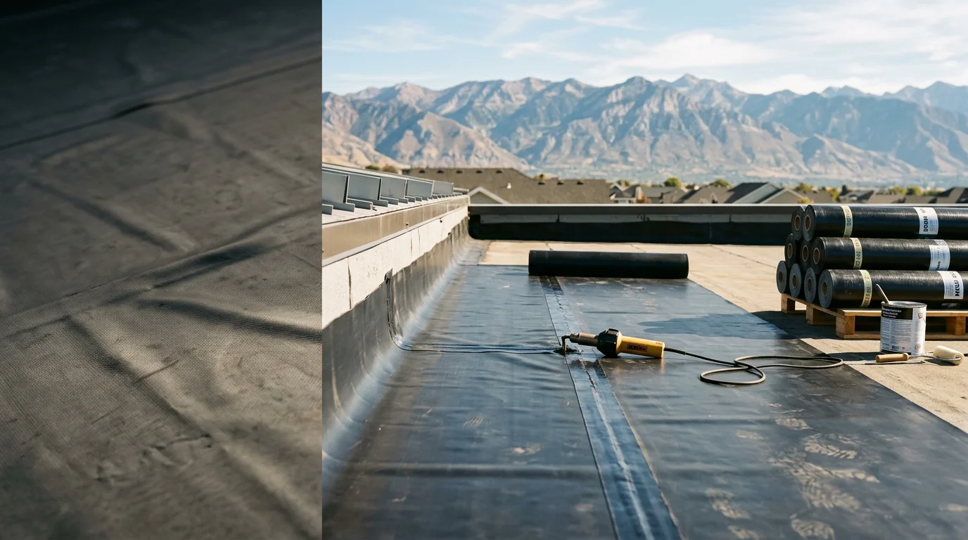 A freshly installed black EPDM rubber membrane covering a flat residential roof in the Wasatch Front area of Utah. The membrane is fully adhered and smooth, with clean edge terminations visible against a backdrop of mountain foothills.