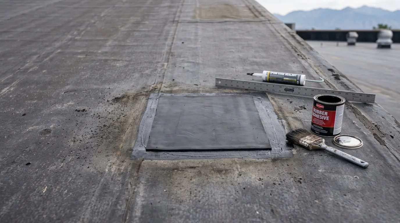 A flat EPDM rubber roof on a residential home along the Wasatch Front with a freshly applied rubberized patch sealing a repaired seam. The dark rubber membrane shows clean edges and proper sealant application around the patched area.