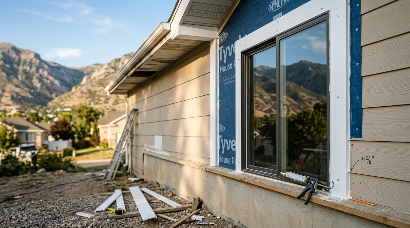 Freshly installed exterior trim framing a window on a residential home in the Wasatch Front region of Utah. Clean corner and casing details are visible against the home's siding.
