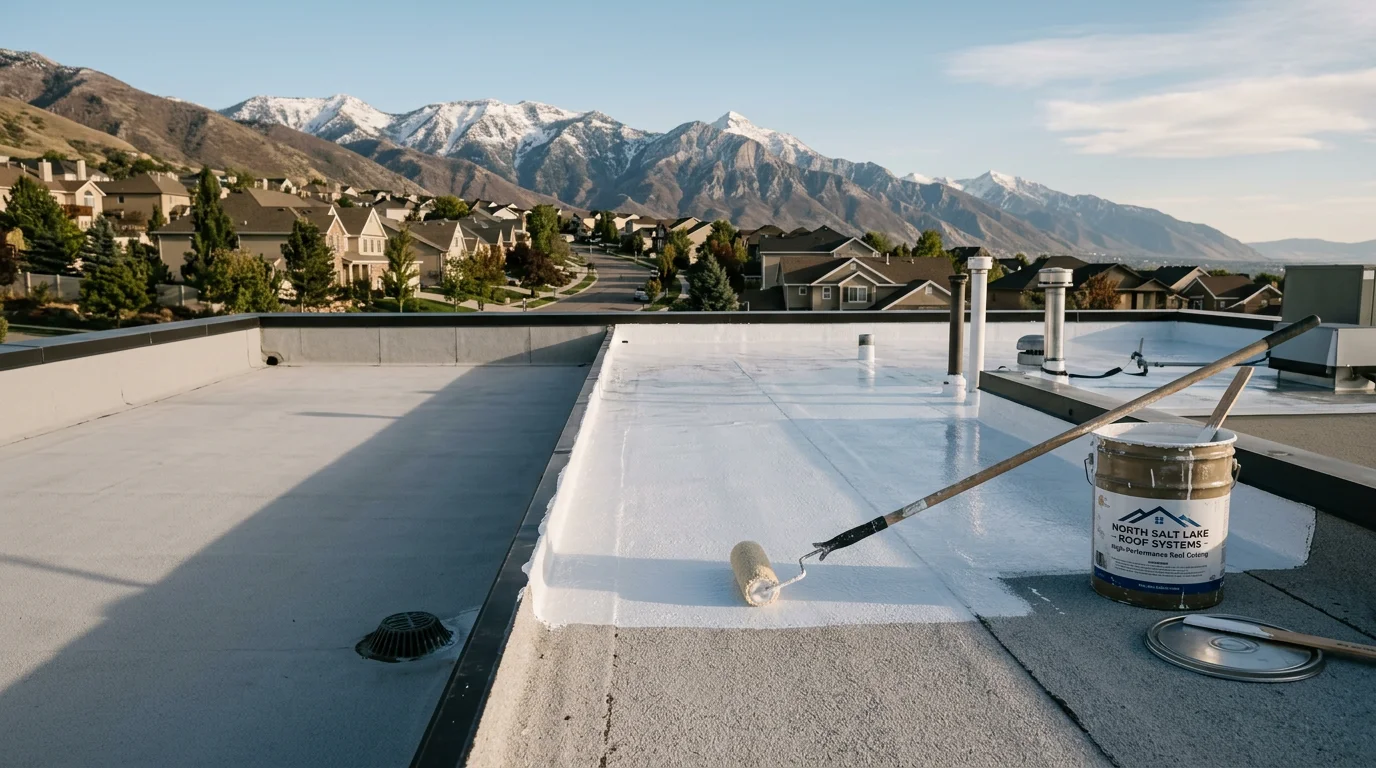 A freshly coated flat roof on a residential home along the Wasatch Front, showing a smooth, seamless white surface with mountain terrain visible in the background. Close-up detail highlights the sealed seams and penetration points around a rooftop vent.