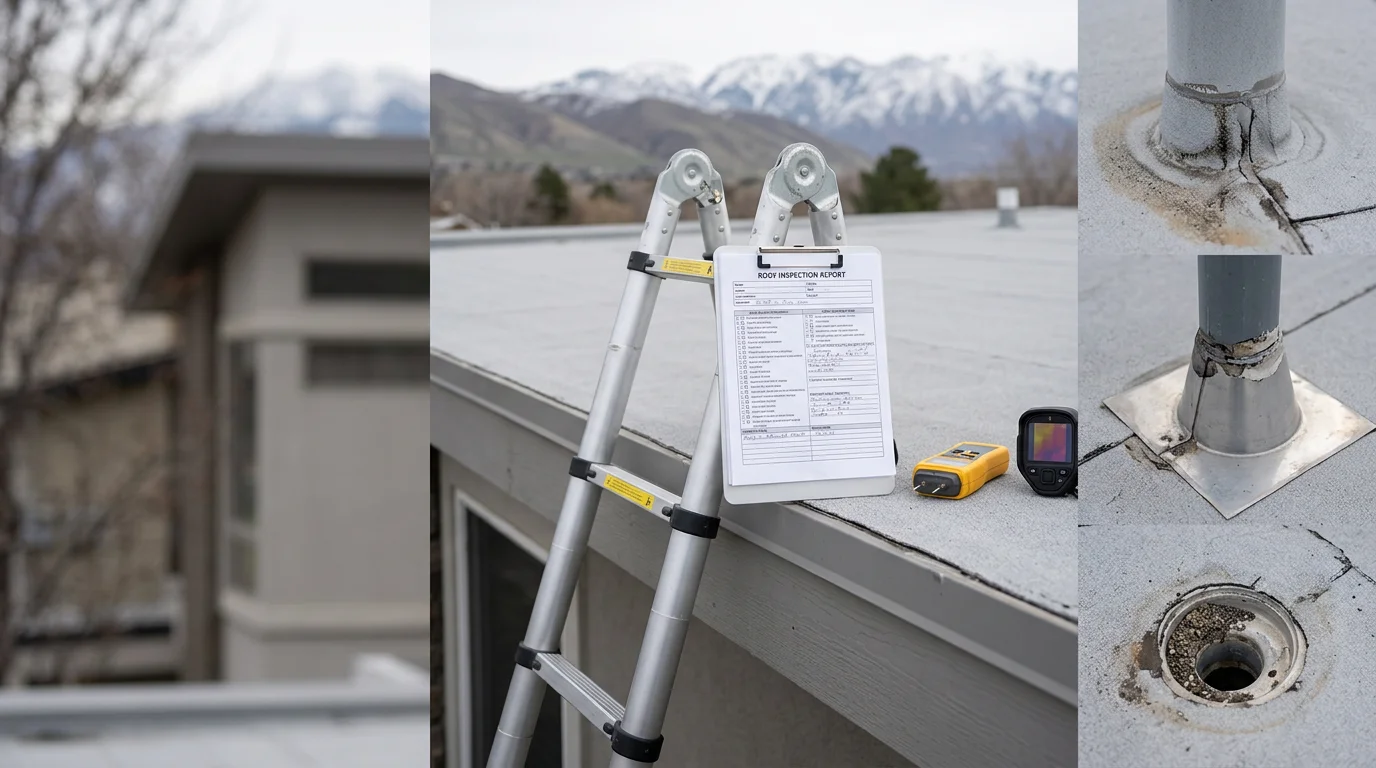 A roofing contractor inspecting a flat roof membrane and drainage points on a residential property along the Wasatch Front. The image shows a low-slope roof surface with visible flashing and scupper details against a backdrop of Utah's mountain terrain.