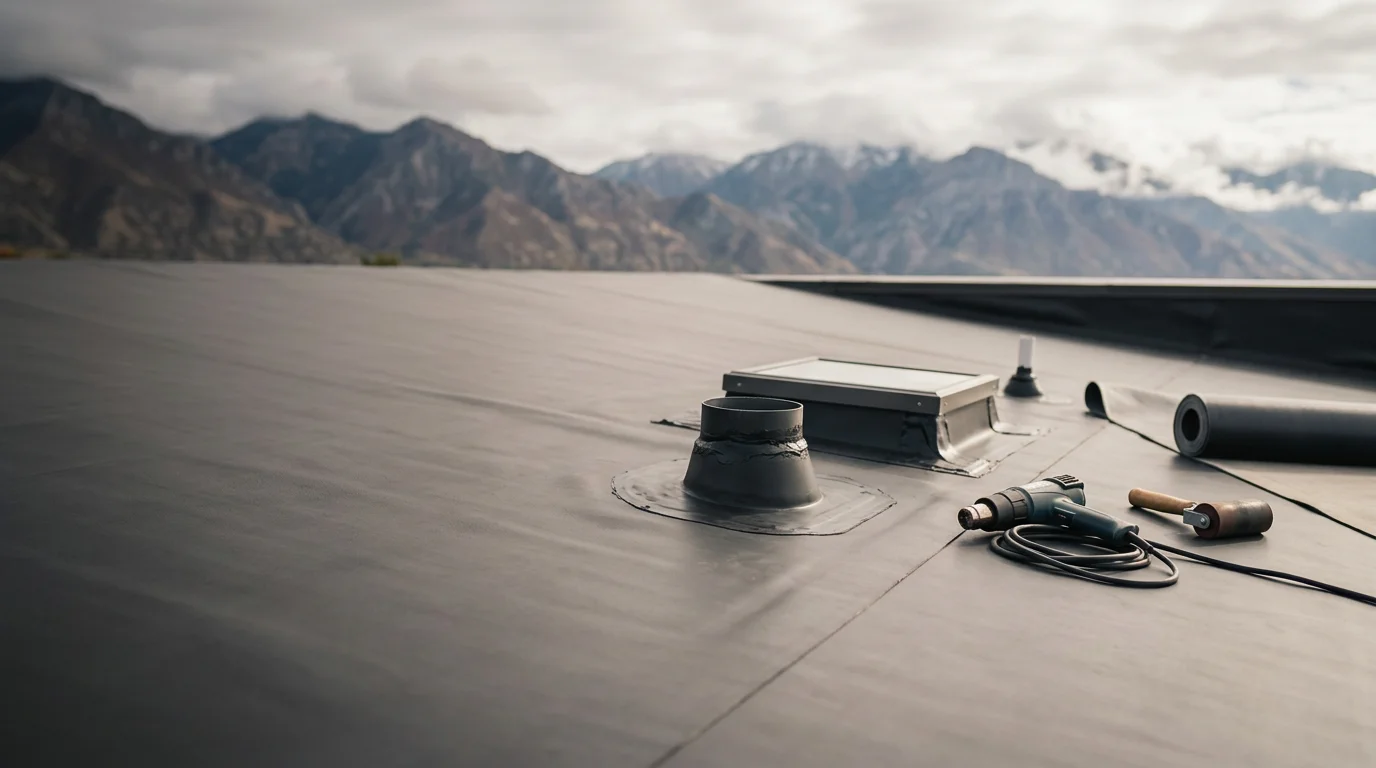 A completed flat roof membrane installation on a residential home along the Wasatch Front, with mountain foothills visible in the background. The roof surface shows clean seams and properly sealed edge flashings suited for Utah snow and UV conditions.