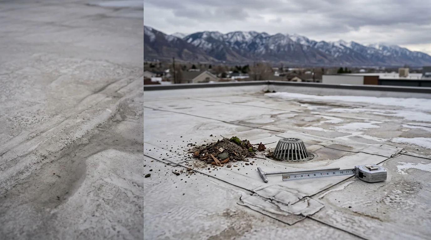 A roofing contractor inspecting the membrane seams and drain area of a flat roof on a residential property along the Wasatch Front in Utah. Snow-capped mountains are visible in the background.