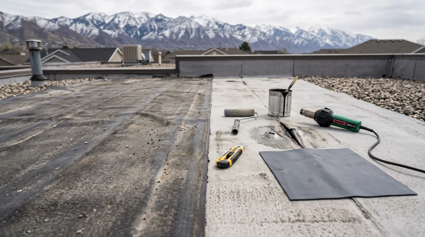 A roofing contractor applying a flat roof patch to a low-slope residential roof in the Wasatch Front area of Utah. The patched membrane section is visible against the surrounding roof surface with mountain terrain in the background.