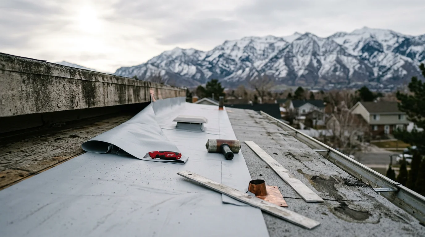 A completed flat roof replacement on a residential home along the Wasatch Front, showing a clean membrane surface with properly installed edge flashing and drain points. The surrounding mountain backdrop and rooftop context reflect the low-slope roofing demands common to Utah homes.