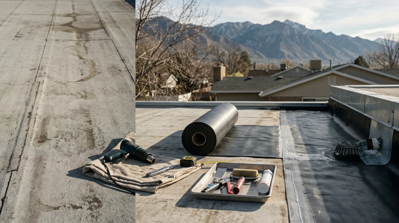 A restored flat roof on a residential home along the Wasatch Front, showing a smooth, watertight membrane surface with clear drainage scuppers and no visible ponding or blistering. The Wasatch mountain range is visible in the background under a clear Utah sky.