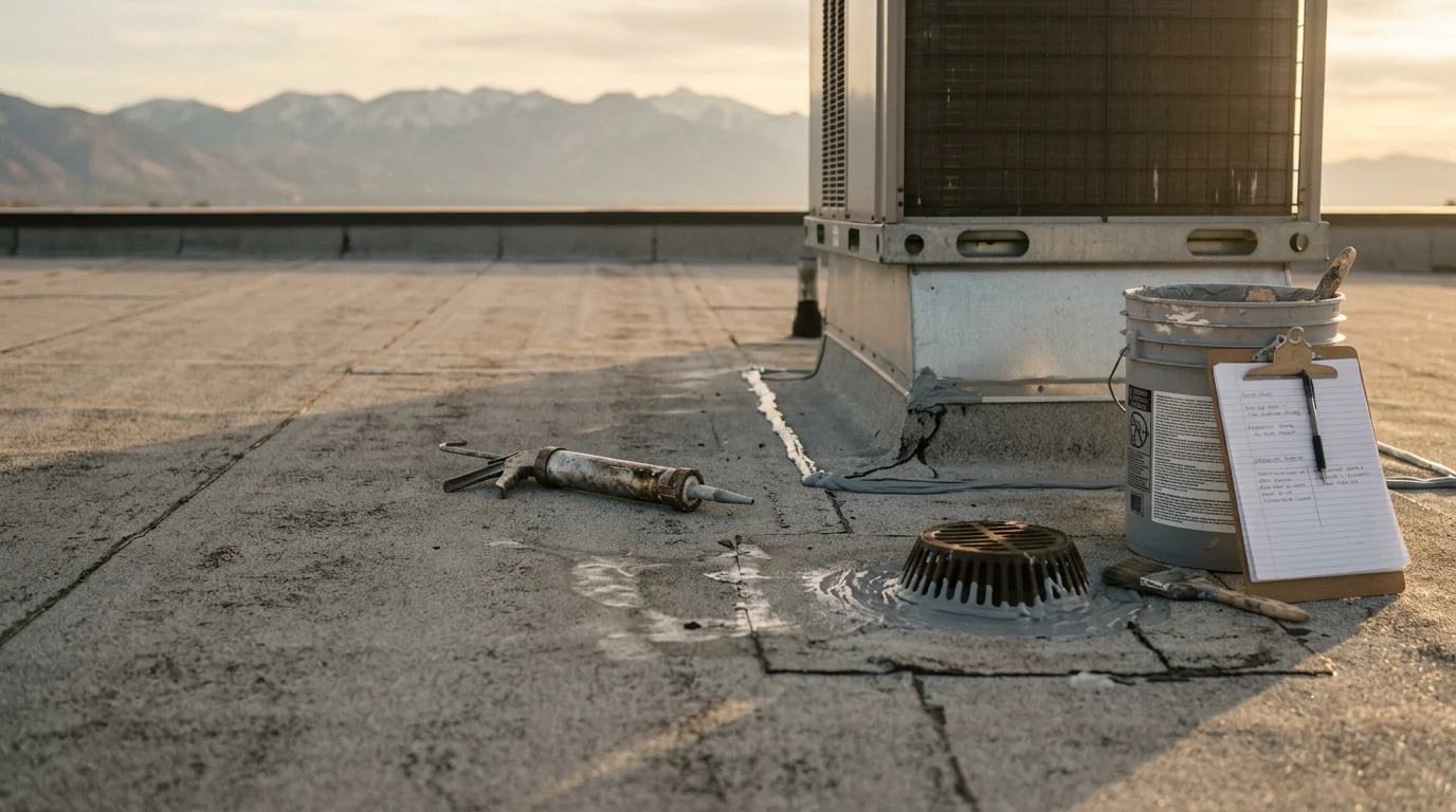 A flat roof surface on a residential property along the Wasatch Front with sealed seams and flashing around a rooftop vent, showing completed waterproofing work against a backdrop of Utah mountain terrain.