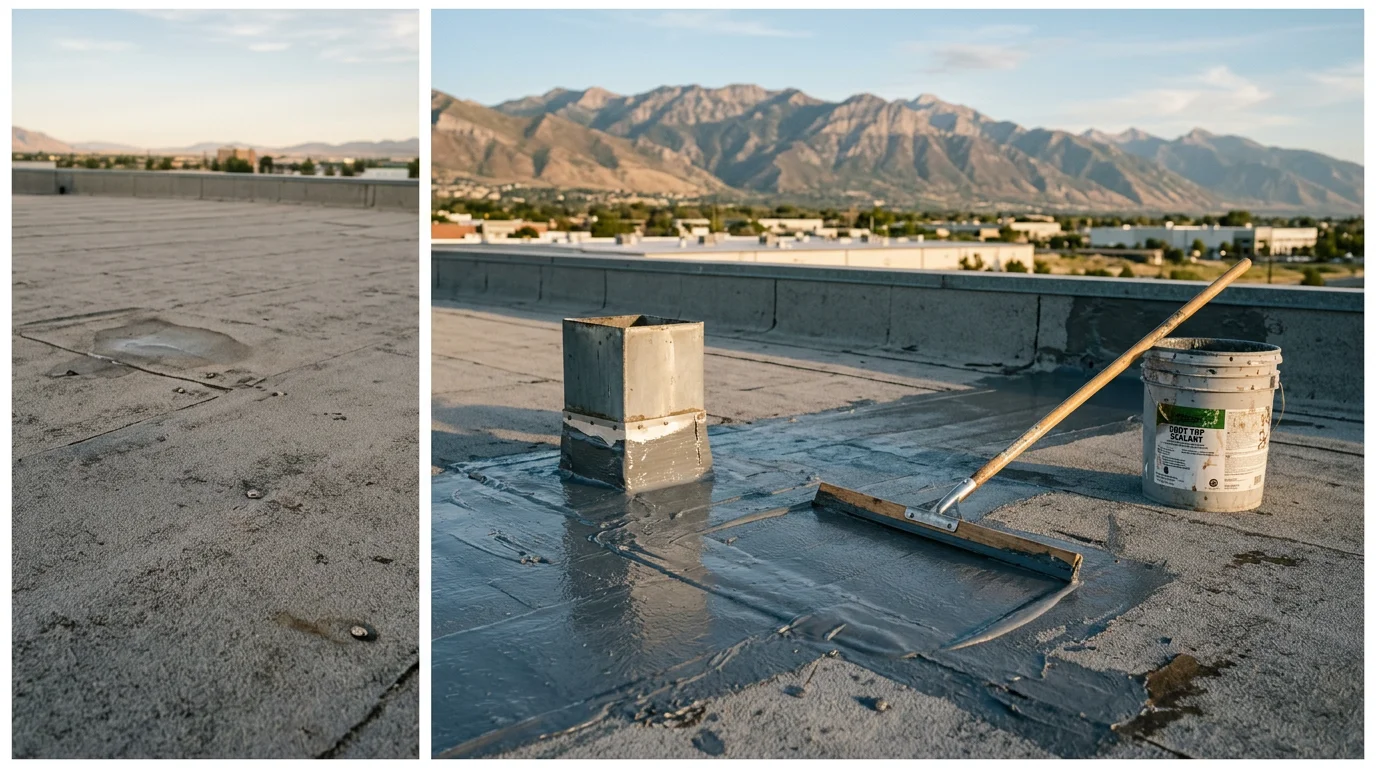 A flat roof on a residential home along the Wasatch Front with a freshly applied waterproofing membrane, sealed flashing around a rooftop penetration, and snow-capped mountains visible in the background. Close-up view shows smooth, watertight seams at the roof edge with no visible pooling or damage.