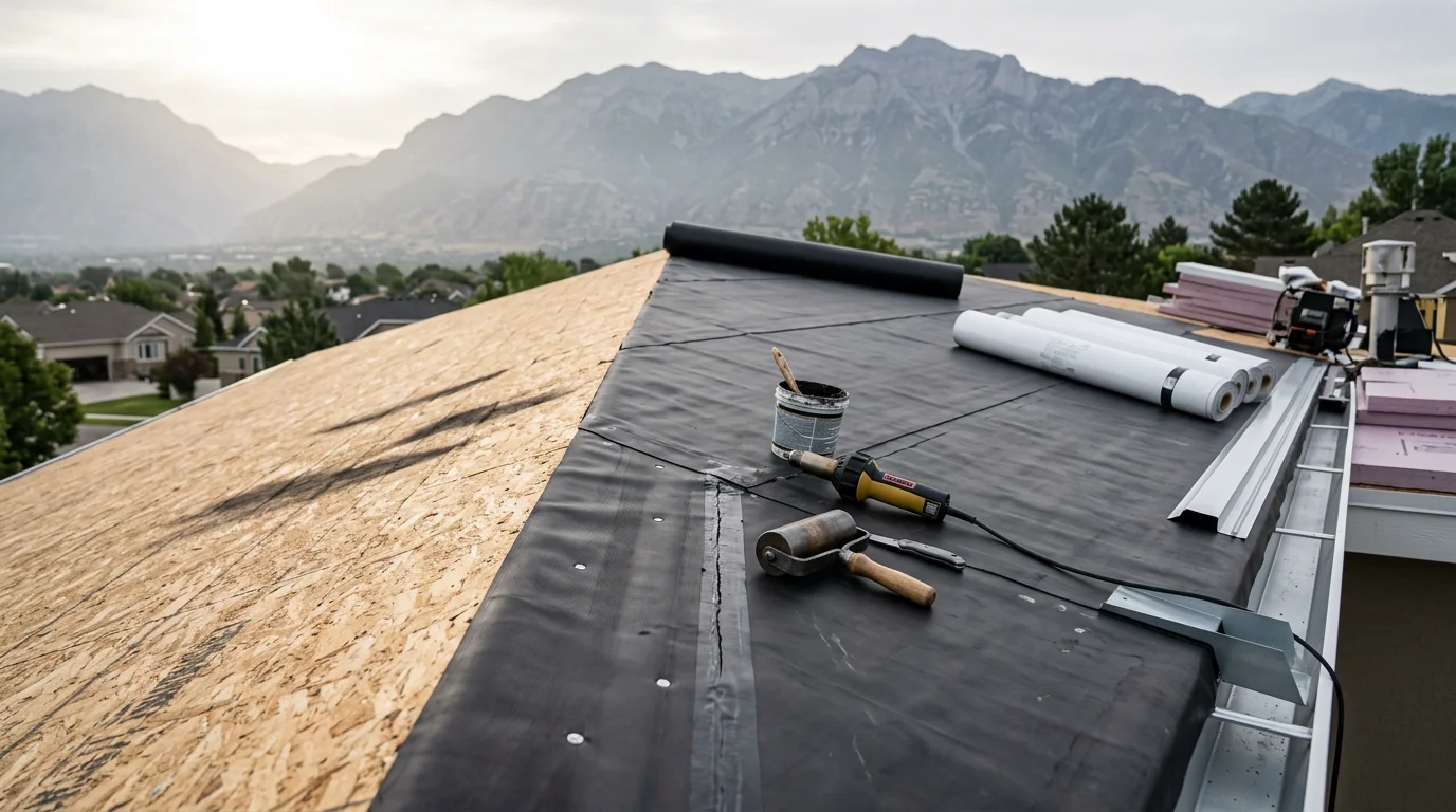 A completed flat rubber roof installation on a residential property along the Wasatch Front, showing a smooth membrane surface with properly sealed edges and drain points. Snow-capped Wasatch Range mountains are visible in the background.