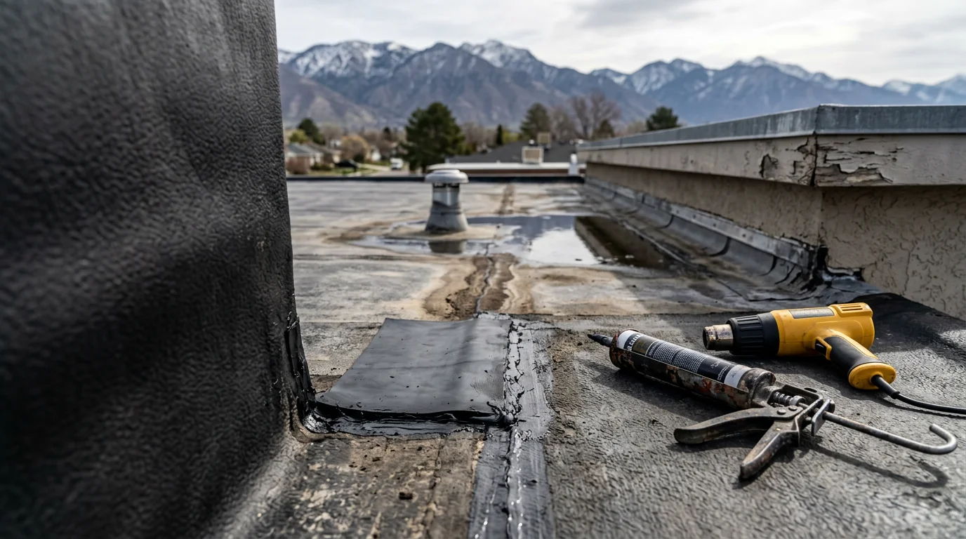 A roofing contractor inspecting a flat rubber membrane roof on a residential home along the Wasatch Front, with the Wasatch Mountains visible in the background. Close-up view shows a repaired seam and sealed roof penetration on a low-slope roof surface.