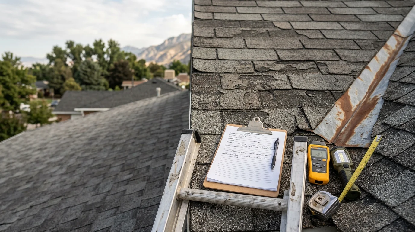 A Redline Roofing and Construction crew member inspecting a residential roof along the Wasatch Front, examining shingles and flashing during a free estimate visit. Snow-capped Wasatch Range mountains are visible in the background.