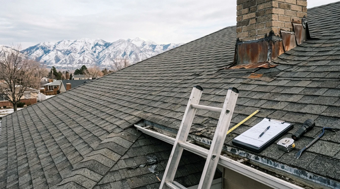 A Redline Roofing and Construction inspector examining shingles and flashing on a residential roof along the Wasatch Front. Snow-capped mountain ridgeline visible in the background against a clear Utah sky.